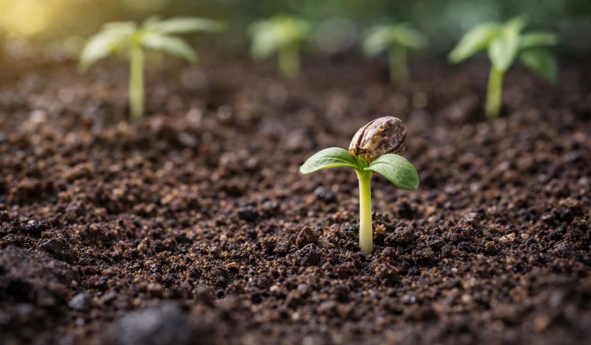 Junge Cannabis Keimlinge wachsen im nährstoffreichen Boden