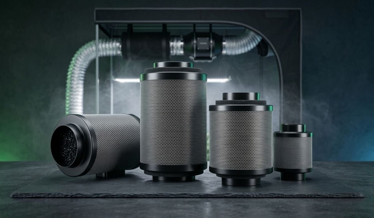 Aktivkohlefilter Sortiment in verschiedenen Größen – von 100mm bis 250mm Anschluss für Growzelt Belüftung und Indoor Cannabis Anbau mit Lüftungsschlauch im Hintergrund