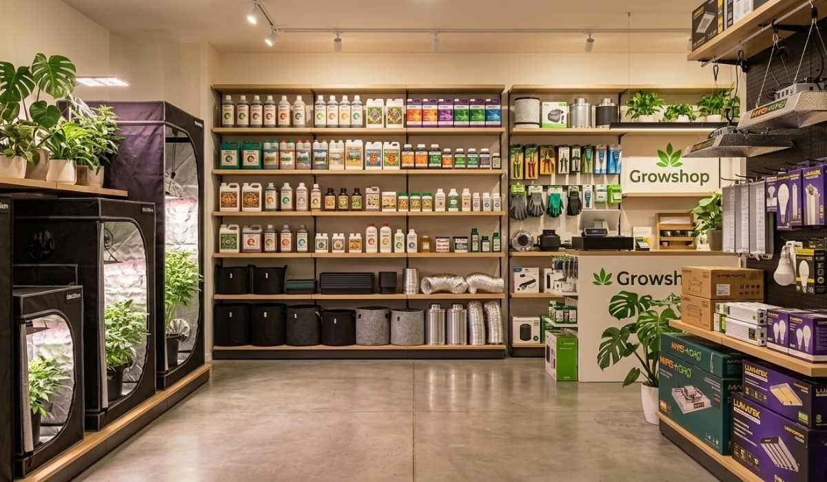 Growshop Dünger-Regal mit vollständigem BioBizz Sortiment – Bio-Grow, Bio-Bloom, Fish-Mix, Top-Max und weitere organische Cannabis-Dünger für Indoor-Anbau