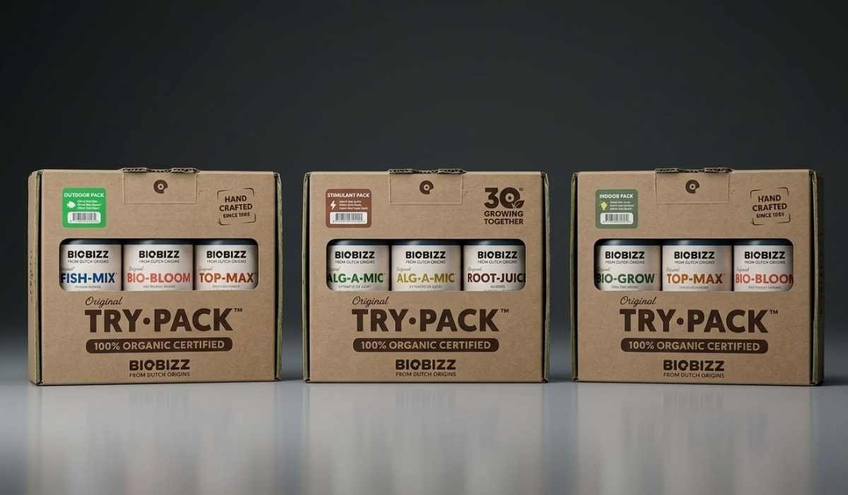 BioBizz Try Pack Set – Outdoor Pack mit Fish-Mix Bio-Bloom Top-Max, Stimulant Pack mit Alg-A-Mic Root-Juice und Indoor Pack mit Bio-Grow Top-Max Bio-Bloom, 100% organisch zertifiziert