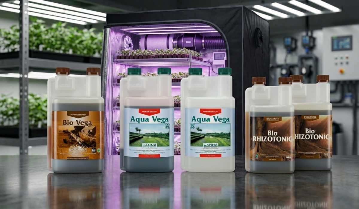 Canna Dünger Komplettsortiment – Bio Vega, Aqua Flores, COGr Flores A und B sowie Coco A und B vor professionellem Growzelt mit LED und Cannabis-Anzucht