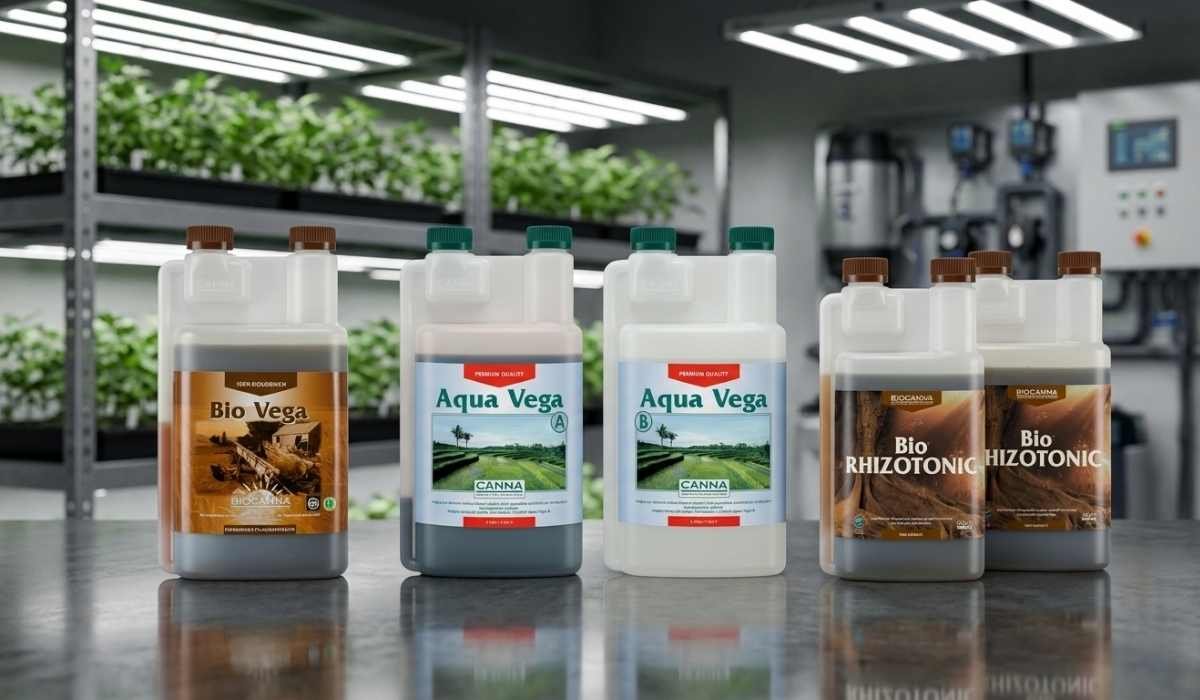 Canna Dünger Sortiment – Bio Vega, Aqua Vega A und B sowie Bio Rhizotonic für professionellen Cannabis Indoor-Anbau in Deutschland und Österreich