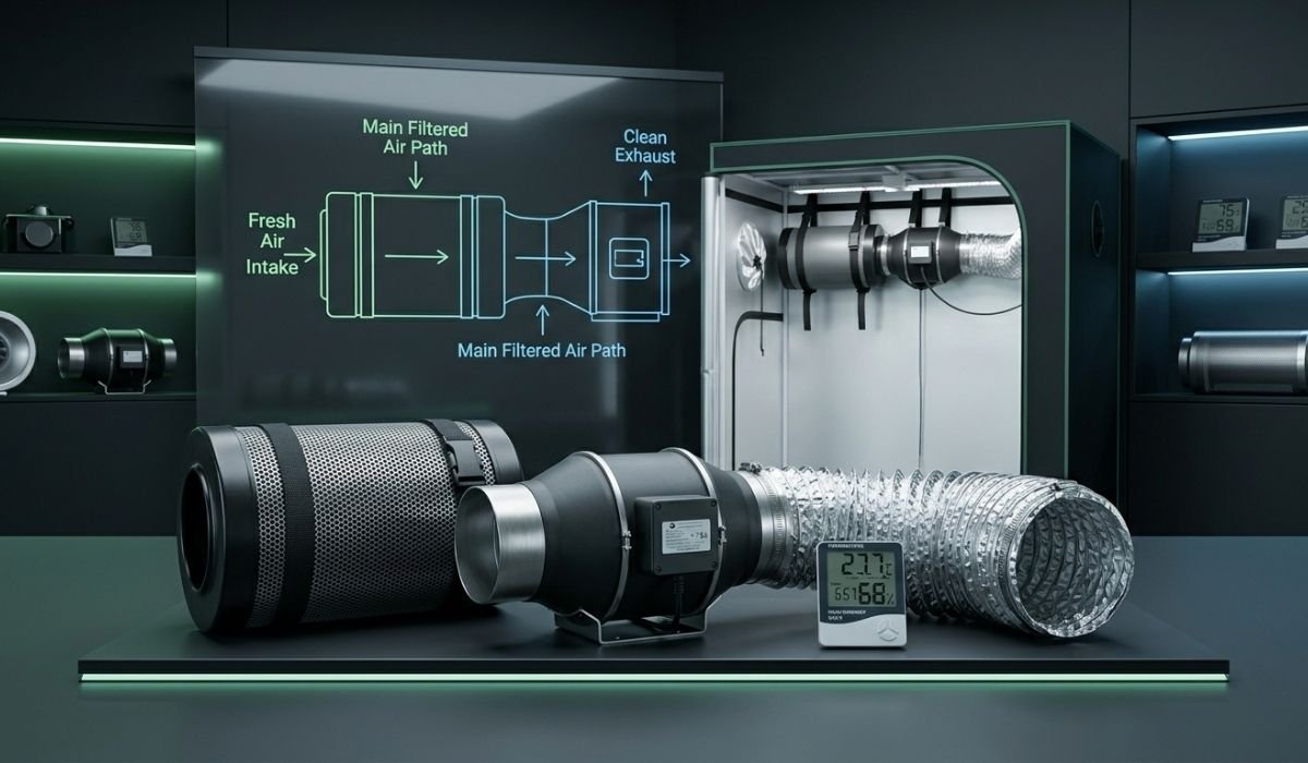 Professionelles Growzelt mit Cannabis Belüftung – Aktivkohlefilter, Inline-Ventilator, LED-Lampen und digitale Klimasteuerung mit sichtbaren Luftstrom-Pfeilen für Indoor Cannabis Anbau