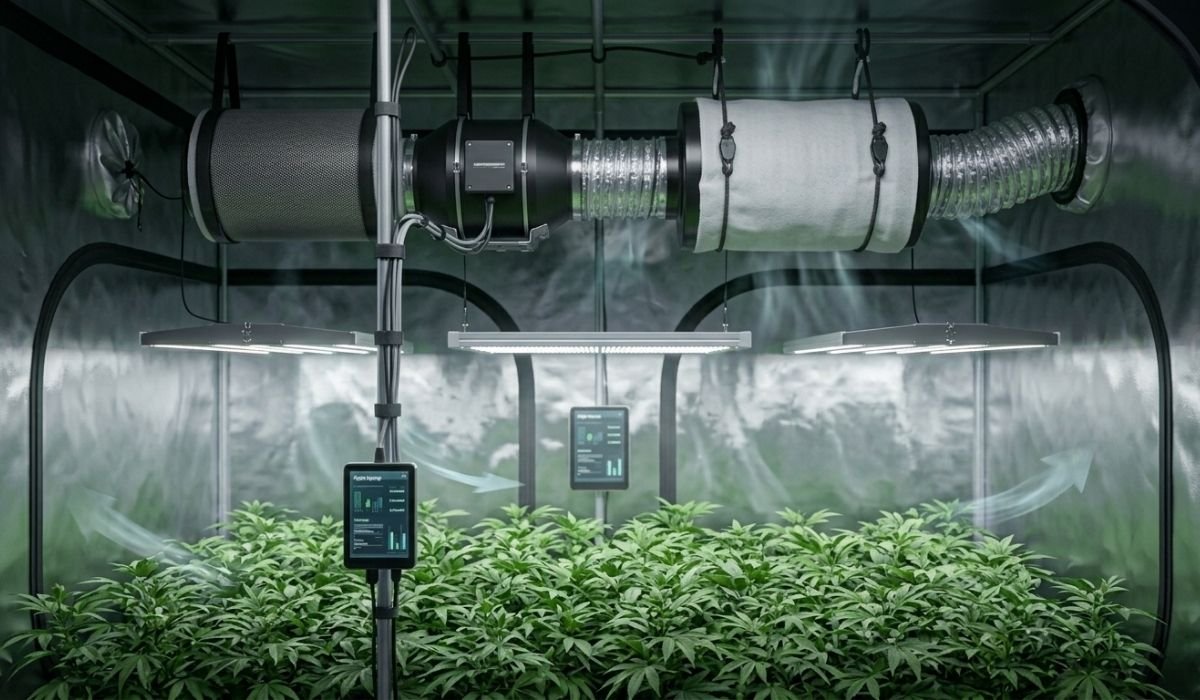 Cannabis Belüftung Schema – Luftstrom-Diagramm mit Aktivkohlefilter, Inline-Ventilator, Aluminium-Flexschlauch und digitalem Hygrometer 27,7°C 68% Luftfeuchtigkeit für Growzelt Indoor Anbau