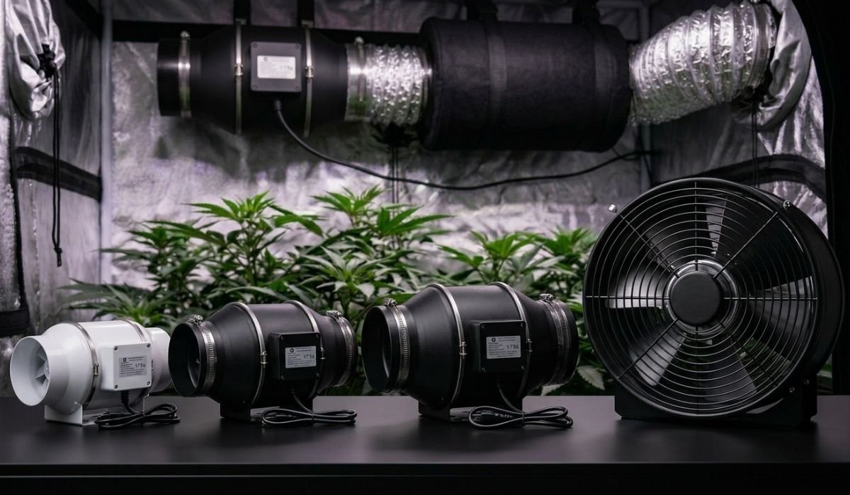 Cannabis Belüftung Sortiment – Inline-Ventilatoren in verschiedenen Größen und Axialventilator vor Growzelt mit Cannabis-Pflanzen für professionellen Indoor-Anbau Deutschland und Österreich