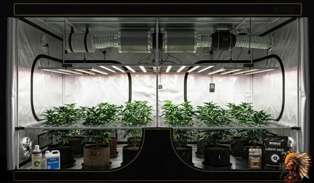 Professionelles Growzelt mit zwei LED-Lampen, mehreren Aktivkohlefiltern, Cannabis-Pflanzen auf Gitterrost und BioBizz Light-Mix Substrat für Indoor Anbau