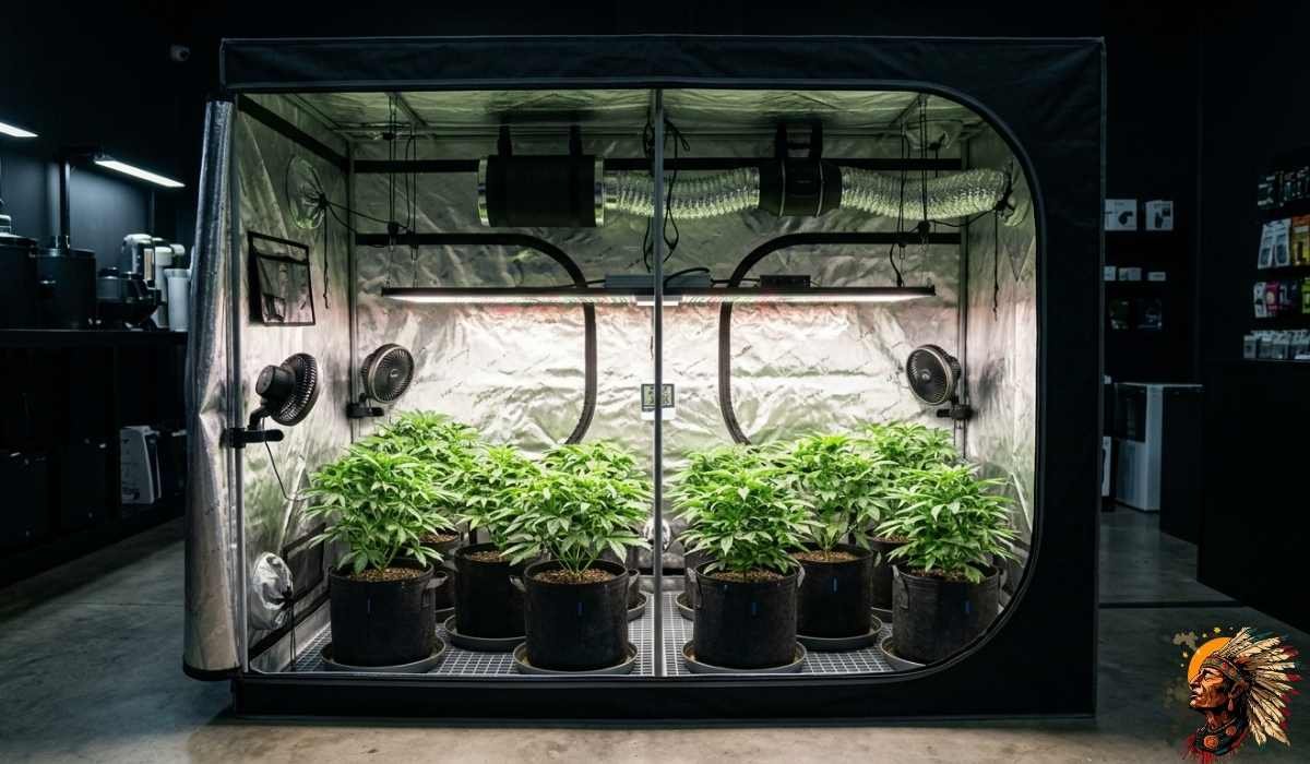 Kompaktes schwarzes Growzelt mit LED-Pflanzenlampe, Aktivkohlefilter, Inline-Ventilator und BioBizz Bio-Flores Dünger-Regal für Indoor Cannabis Grow Deutschland