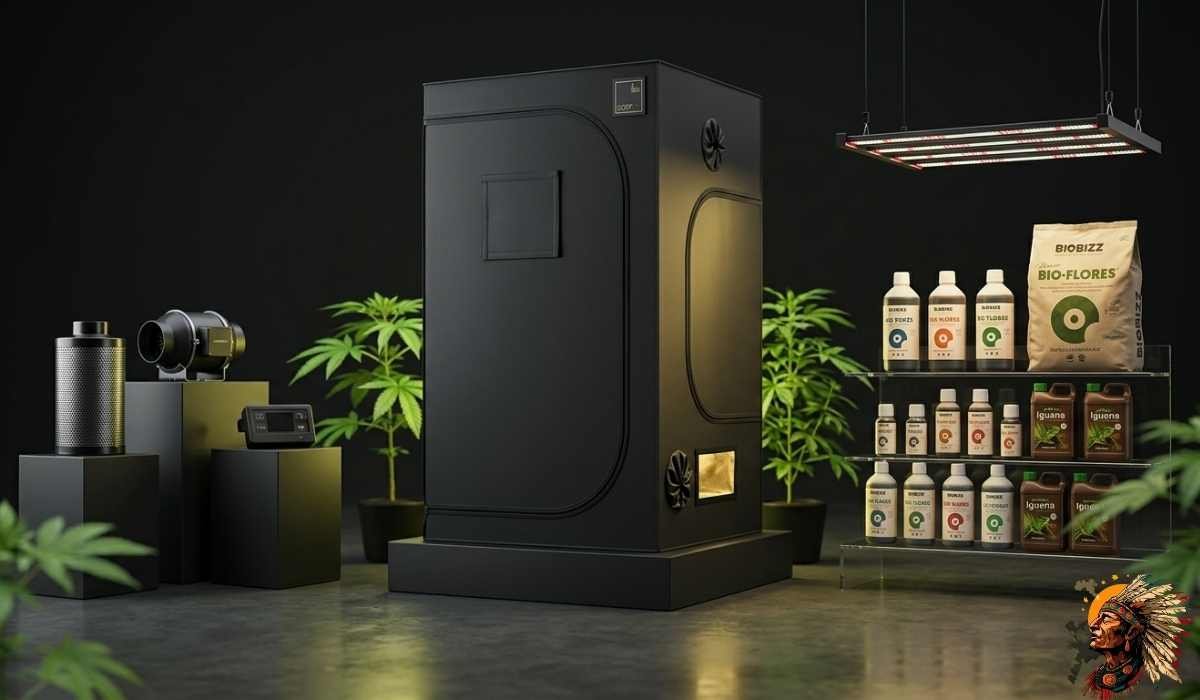Growzelt mit Cannabis-Pflanzen in schwarzen Fabric Pots, LED-Beleuchtung, Ventilatoren und Lüftungssystem in einem Growshop Deutschland