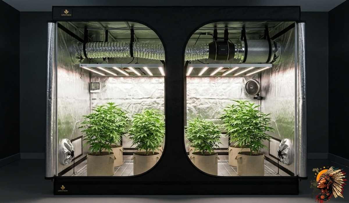 Growzelt mit LED-Lampe, Aktivkohlefilter, Lüftung und Cannabis-Pflanzen in Stofftöpfen – Indoor Cannabis Anbau Deutschland