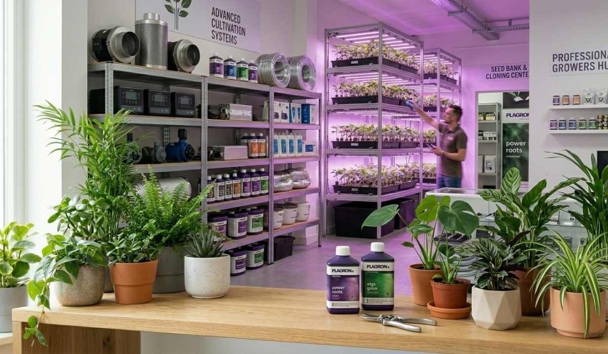 Plagron Dünger Power Roots und Alga Grow im professionellen Growshop mit LED-beleuchteten Anzuchtregalen und vollständigem Cannabis-Anbau Zubehör Deutschland
